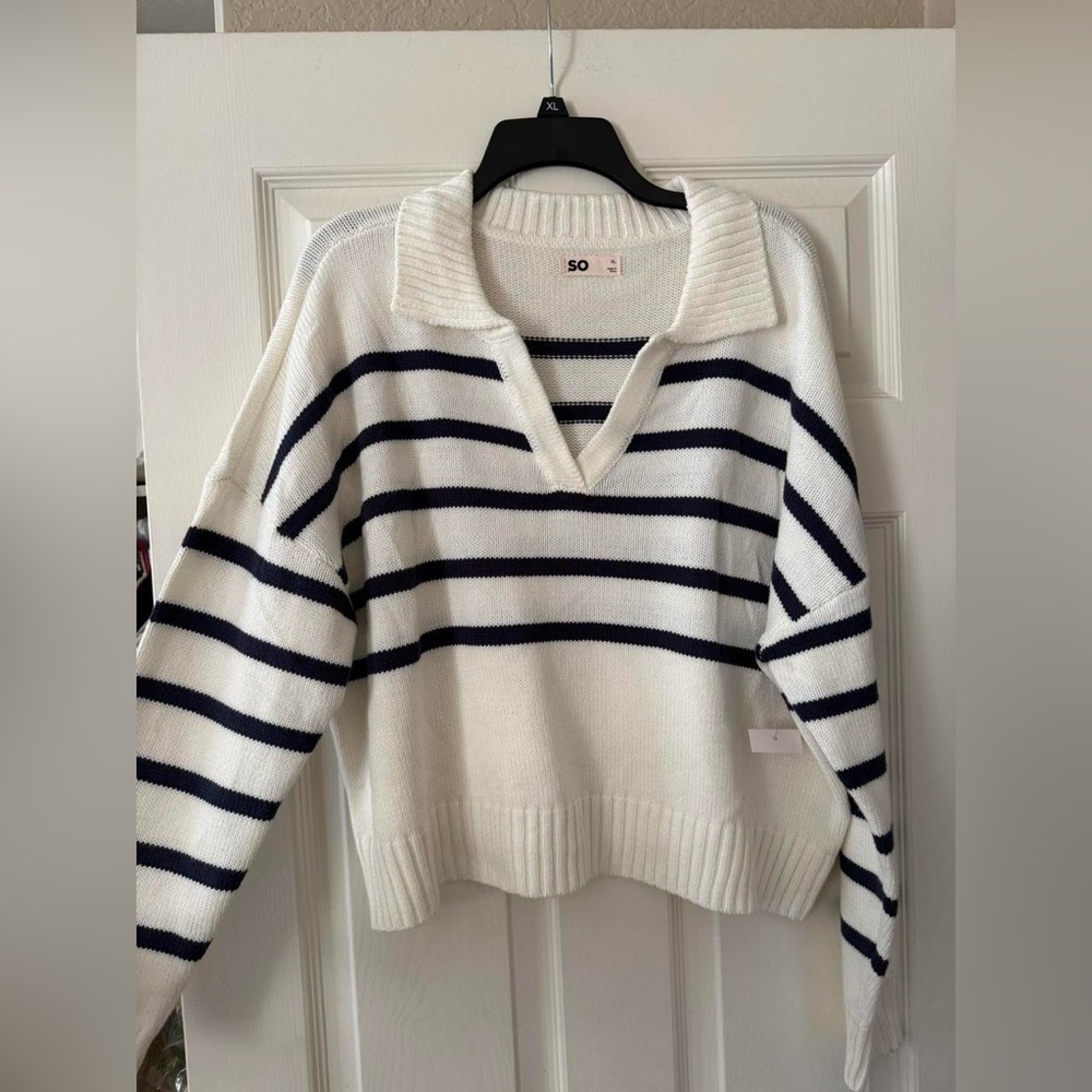 BNWT SO Cream & Navy Knit Striped Collared Sweater
